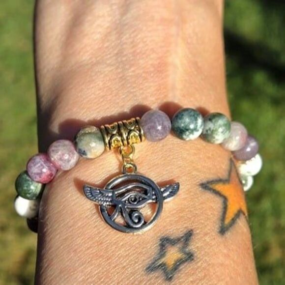 Egyptian Eye of Horus Plum Tourmaline Tree Agate Gemstone Bracelet - Picture 6 of 6